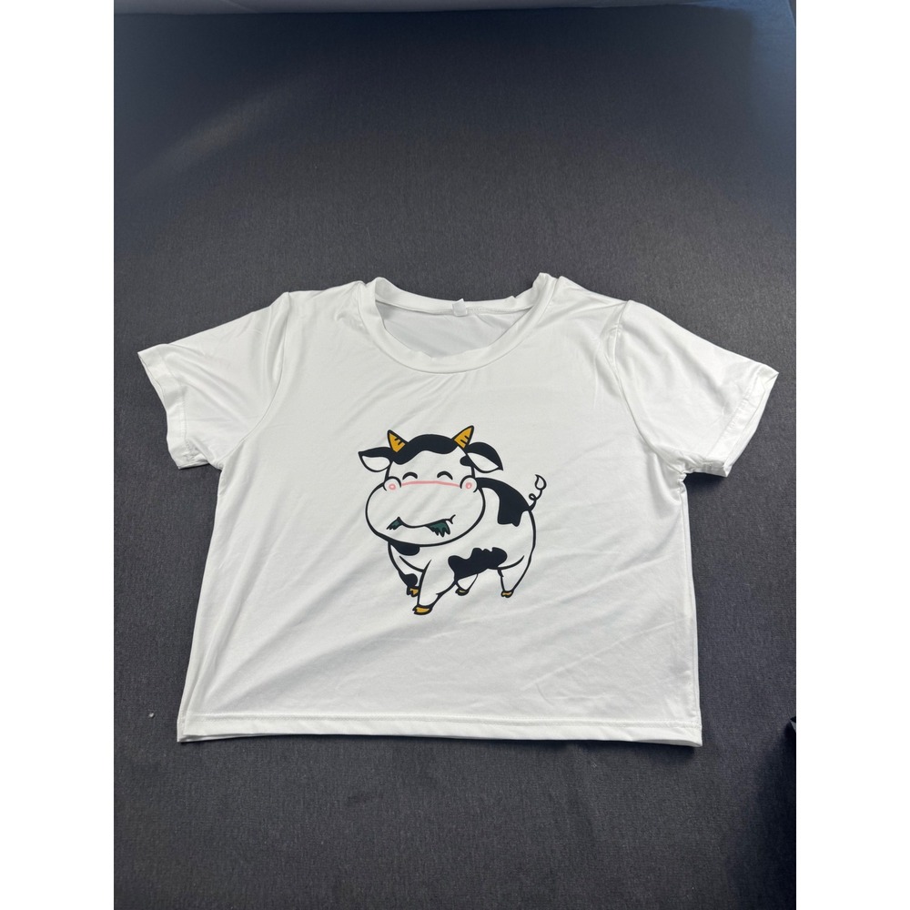 White Cartoon Cow Graphic Crop Top Short Sleeve Tee Womens Medium